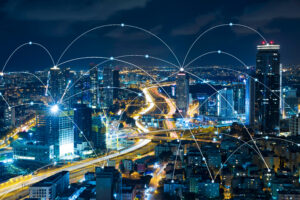skyline,at,night,,network,connection,concept, ,wireless,communication,networ
