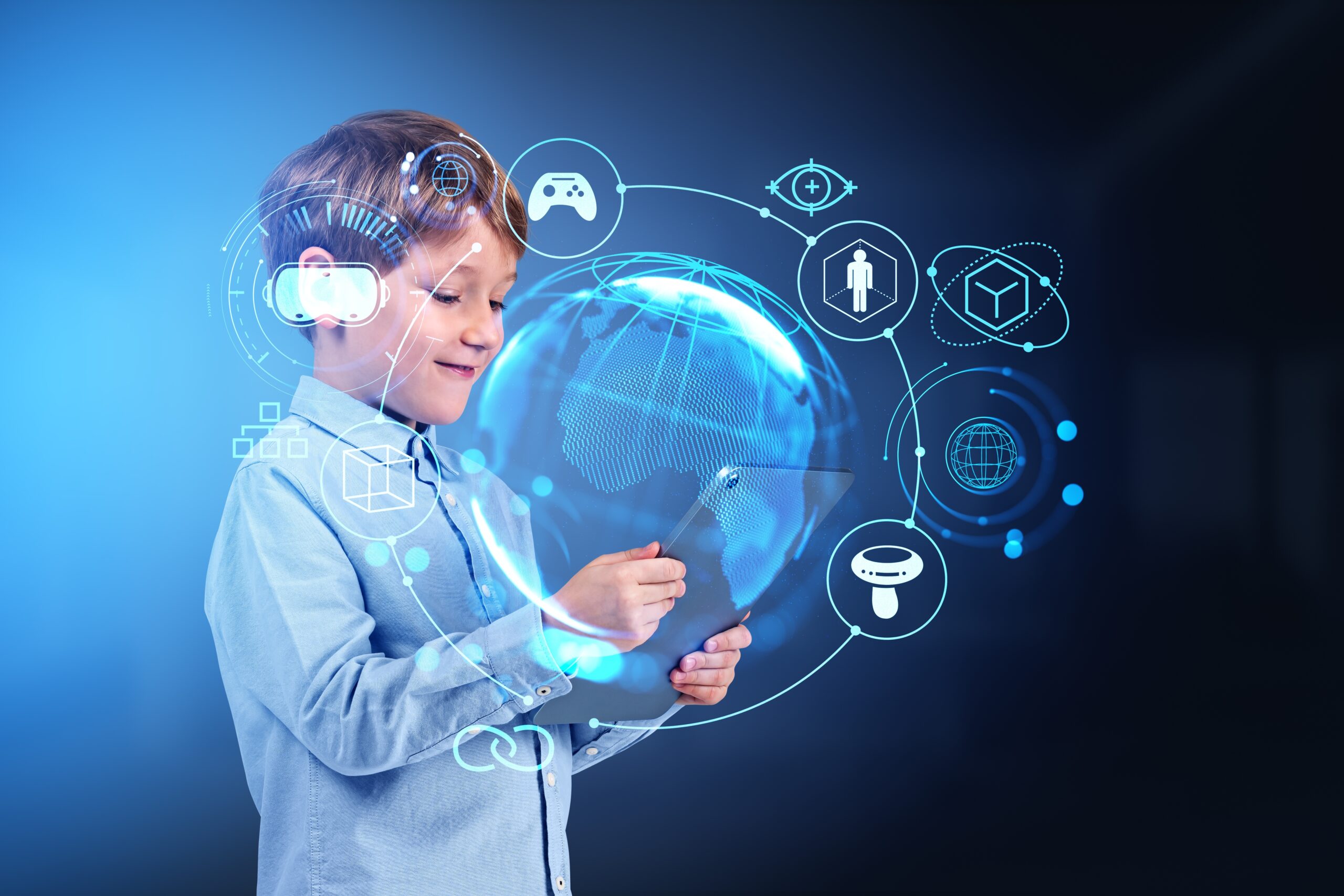 child,boy,using,tablet,,metaverse,hologram,with,different,glowing,icons,
