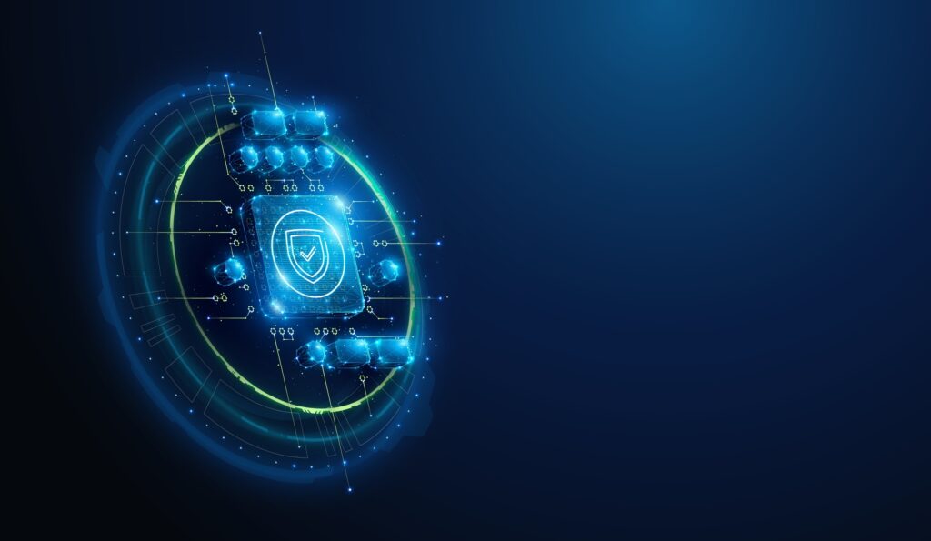 lowpoly,cpu,microchip,with,check,mark,shield,lineart,icon.,abstract