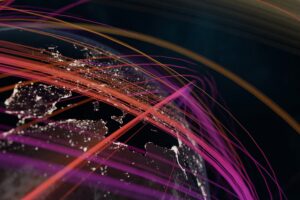 night,planet,earth,from,space,with,colorful,light,lines,of