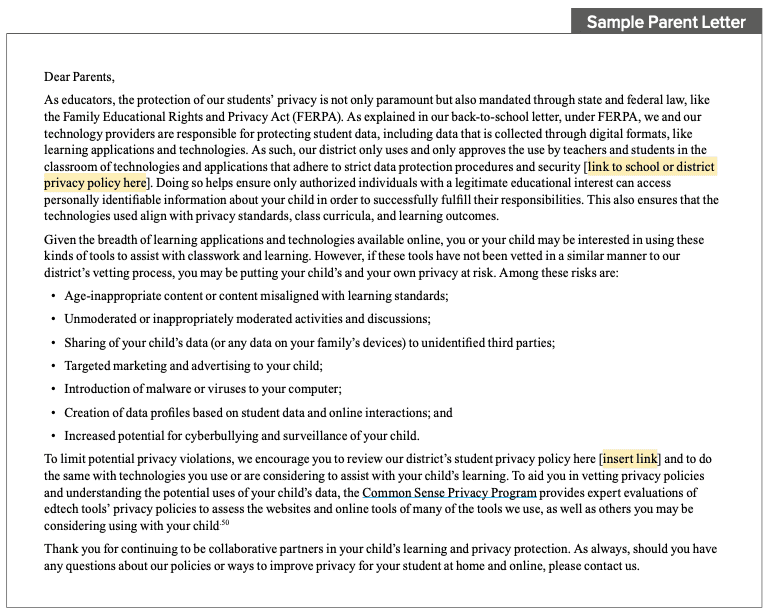 sample parent letter
