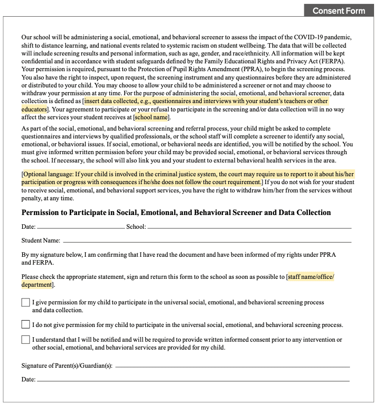 social emotional and behavioral survey consent form