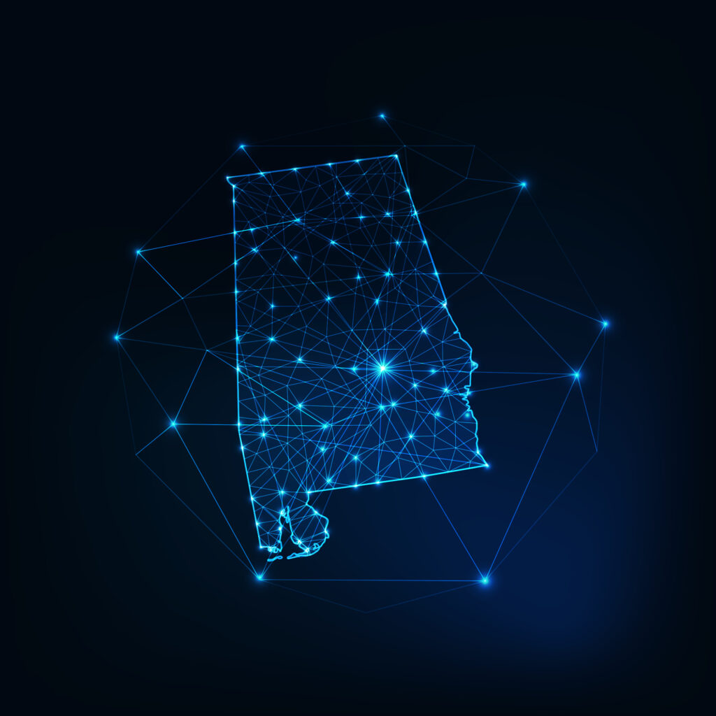 alabama,state,usa,map,glowing,silhouette,outline,made,of,stars