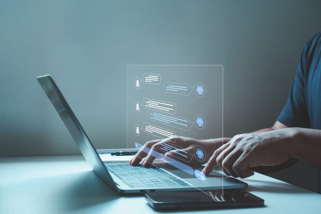 ai,chatbot,interface,on,laptop.,smart,customer,service,and,digital