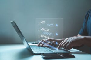 ai,chatbot,interface,on,laptop.,smart,customer,service,and,digital